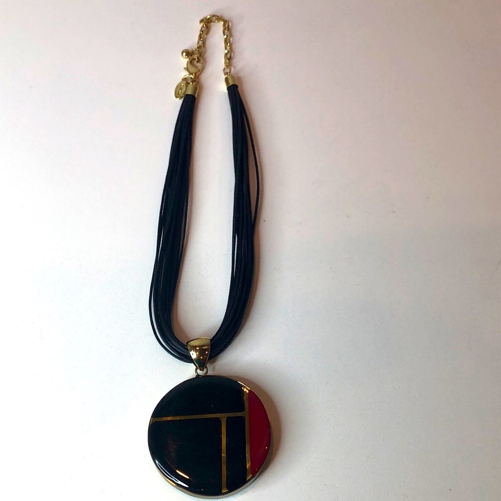 Chico's Parker Black Multi Strand Corded Reversible Pendant Gold Tone Necklace.